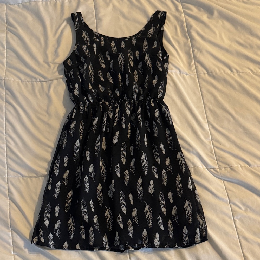 Divided Black and White Feather Print Mini Dress